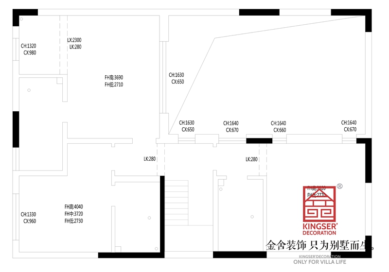 正定開(kāi)元府260平別墅裝修戶型二層原始平面圖